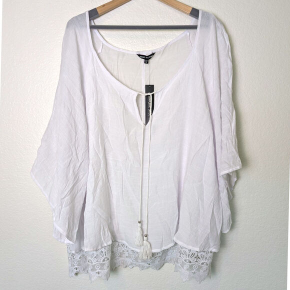 NWT Unique Spectrum White Boho Swim Cover Up Blouse Women 3X Tassel Crochet Lace - Picture 1 of 9